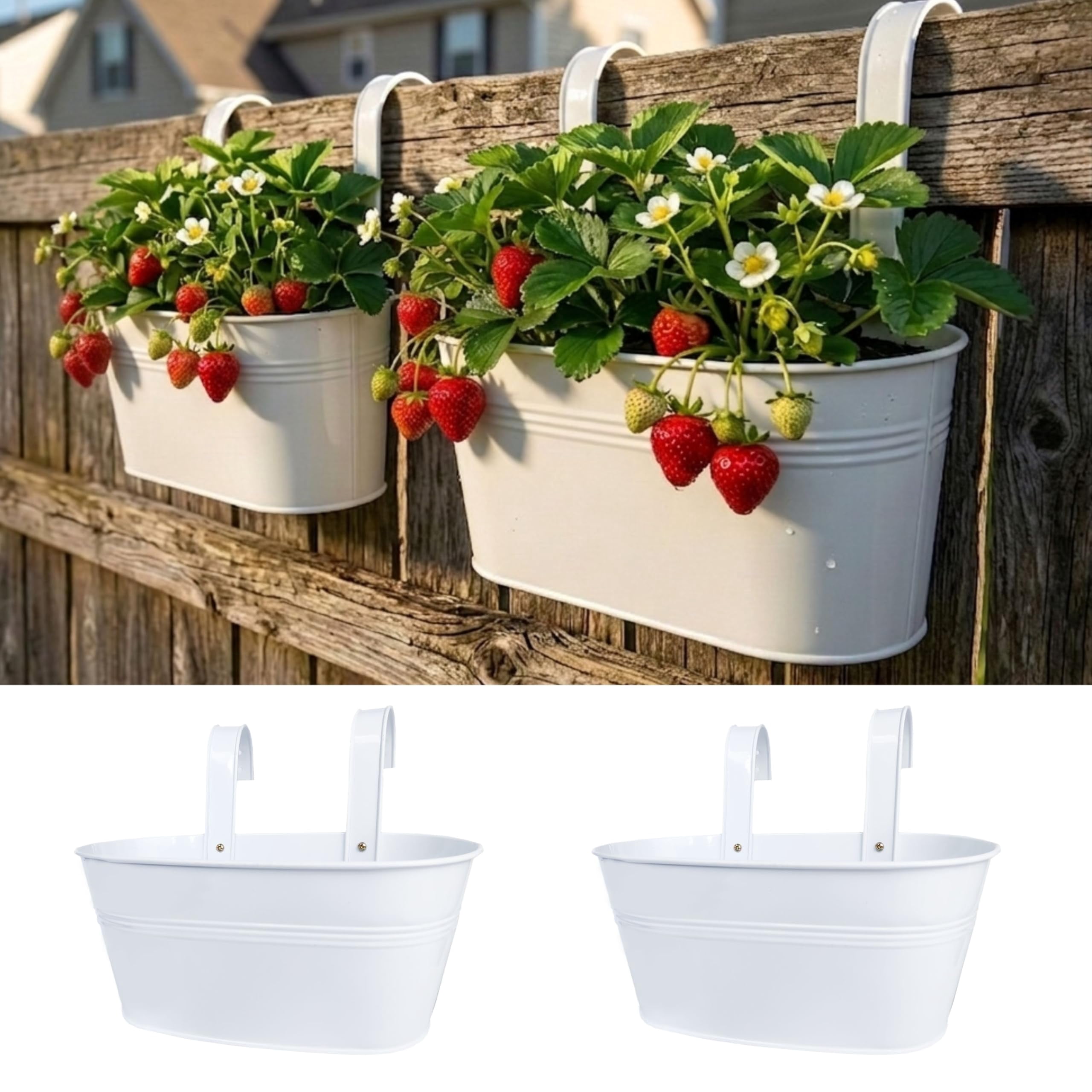 Rail Planters for Outdoor 2 Pack 11 Inch White Metal Hanging Flower Pots Deck Railing Fence Window Box Plant Holders with Hooks Porch Decor