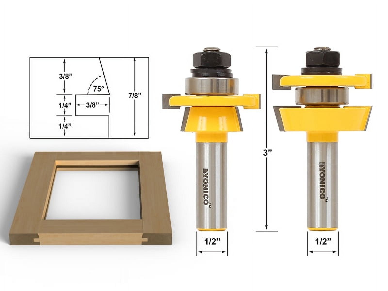 Rail & Stile Router Bit Set - Shaker 2 Pc. 1/2" Shank - Yonico 12249