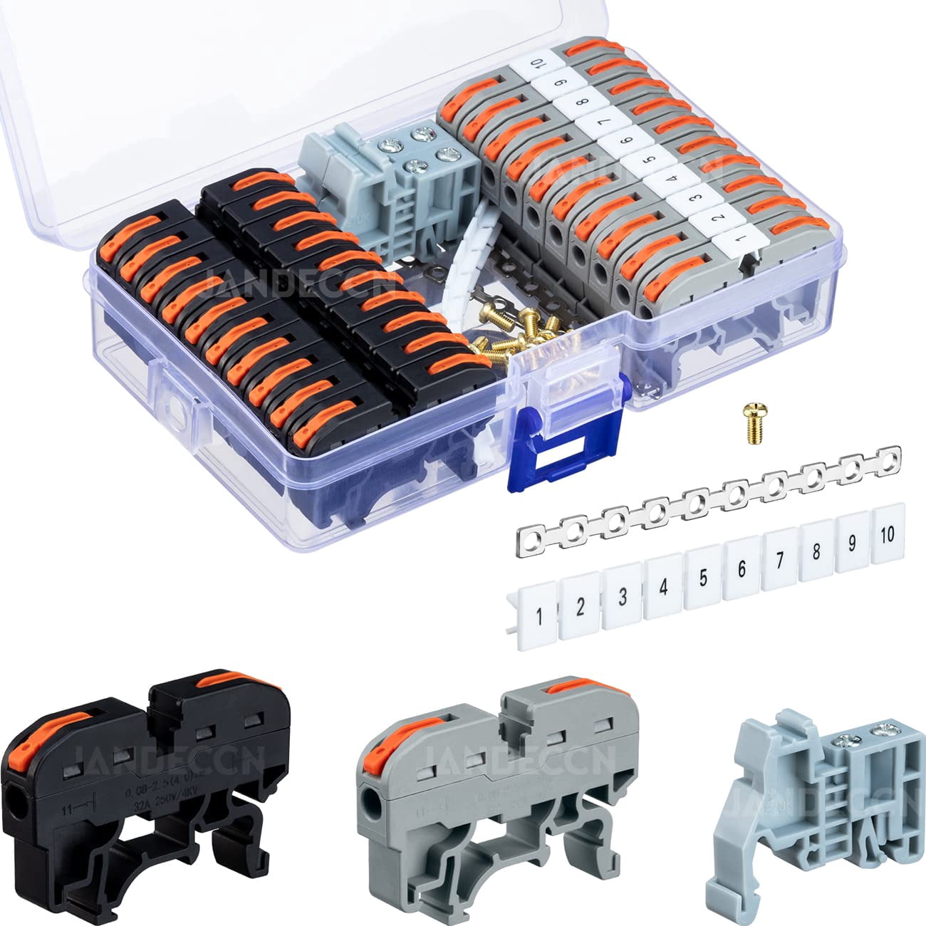 Rail Terminal Block Kit, Includes 20 Universal Compact Wire Connectors + 2 Connecting Rods + 2 Marking Strips + 2 Terminal End Stops + 20 Screws, Suitable for 24-12
