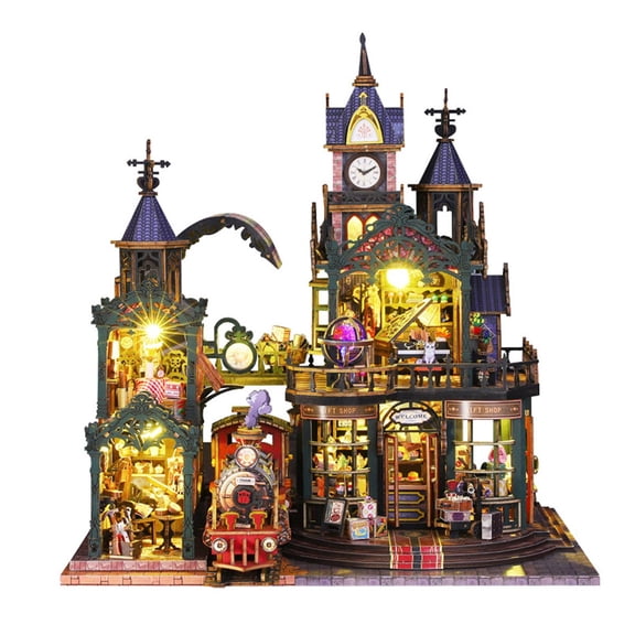 Rail Track Secluded City 3D Wooden Puzzle Steam Retro Train House Model Kit Architectural Assembly Miniature Craft Set for Adults Office Display Ornament