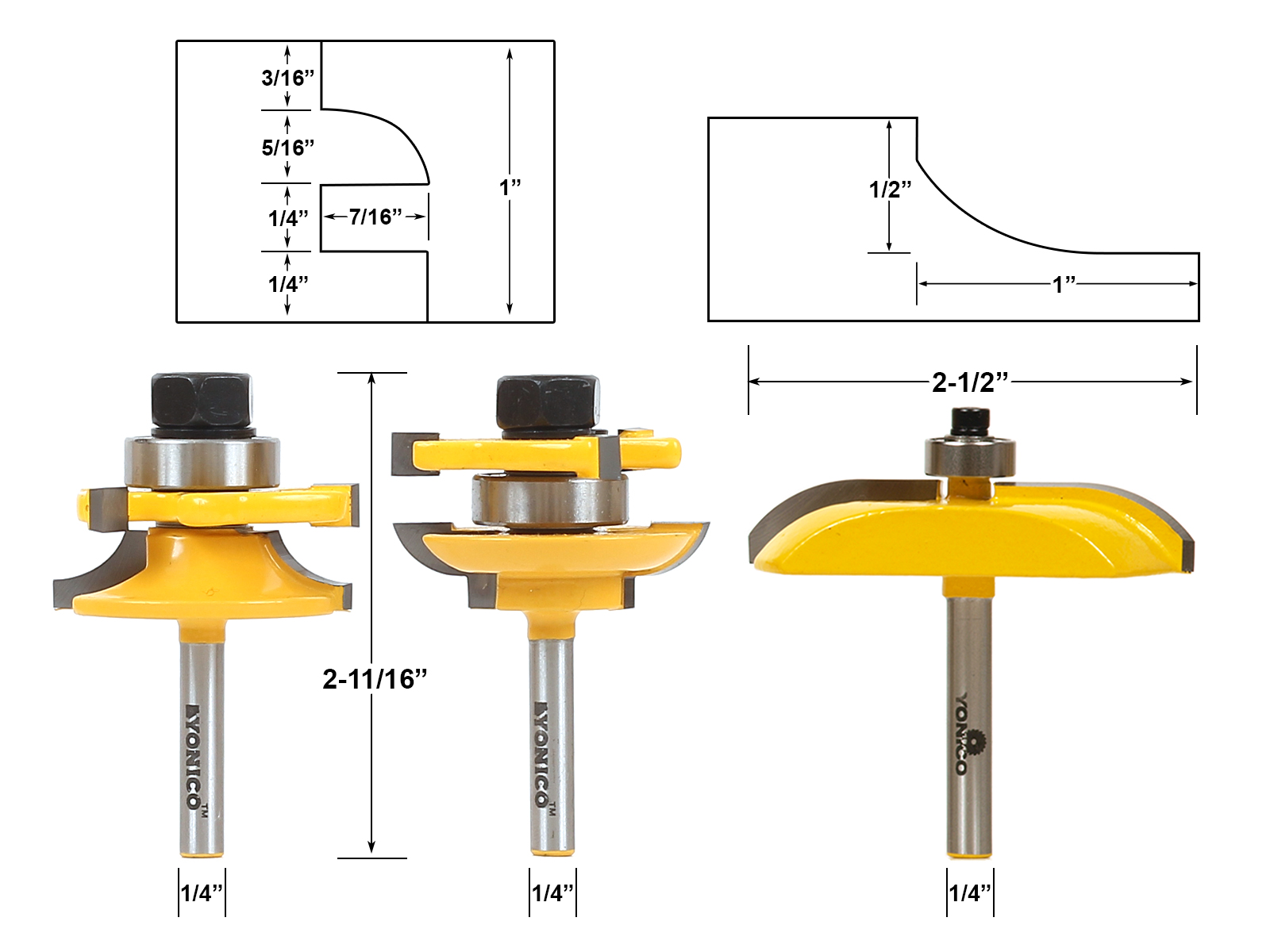 Round Over Rail & Stile with Cove Panel Raiser 3 Bit Router Bit Set ...