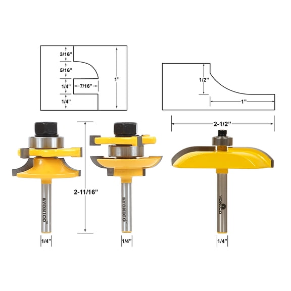 Rail and Stile w/ Panel Raiser 3Pc. Router Bit Set Cove 1/4" Shank Yonico 12339q