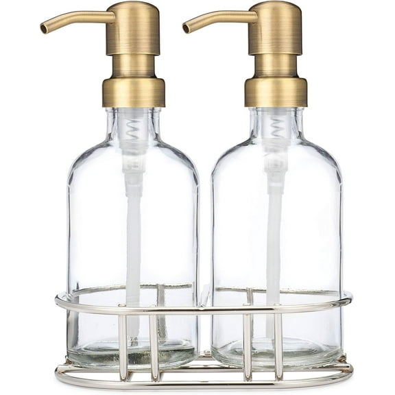 Rail19 Glass Hand and Soap Dispenser Set with Metal Pump - Includes Chrome Metal Caddy, 8oz (Farmhouse Brass)