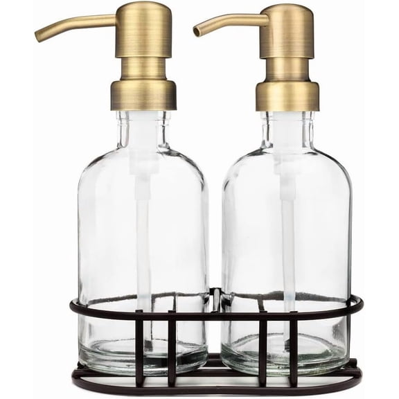 Rail19 Glass Hand and Soap Dispenser Set with Metal Pump - Includes Metal Caddy, 8oz (Brass)