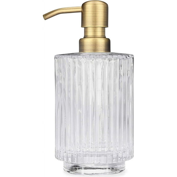 Rail19 Parisian Clear Fluted Glass Soap Dispenser - Refillable Lotion & Hand Soap for Kitchen and Bathroom, 10oz (Farmhouse Brass)