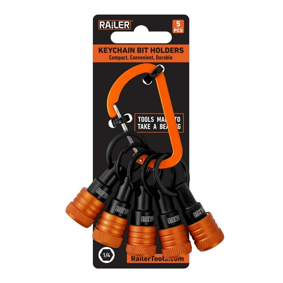 Railer Bit Holder Keychain 5pc - 1/4 inch Hex Shank Bit Holders - Quick-Change Design For Nut Driver, Screwdriver & Drill Bits, Include Keychain Carabiner