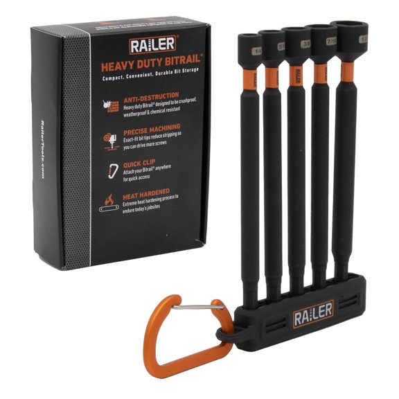 Railer Nut Driver Set - Premium S2 Steel 6 Inch 5-Piece Nutsetter Bit Set With A Storage Bit Holder & Carabiner