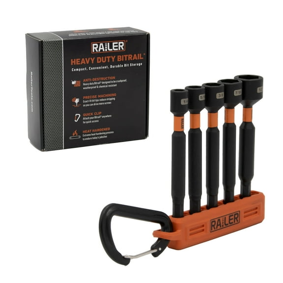 Railer Nut Driver Set - Premium S2 Steel 6 Inch 5-Piece Nutsetter Bit Set With A Storage Bit Holder & Carabiner
