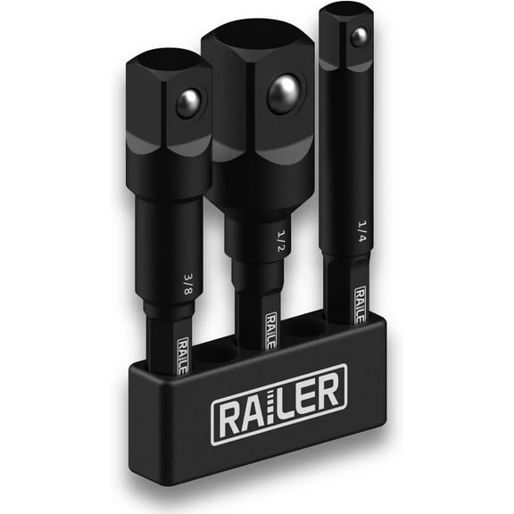 Railer Socket Adapter Set. Impact Grade 3" Extension Bits - 1/4", 3/8", and 1/2" Drive Drill Impact Socket Extensions