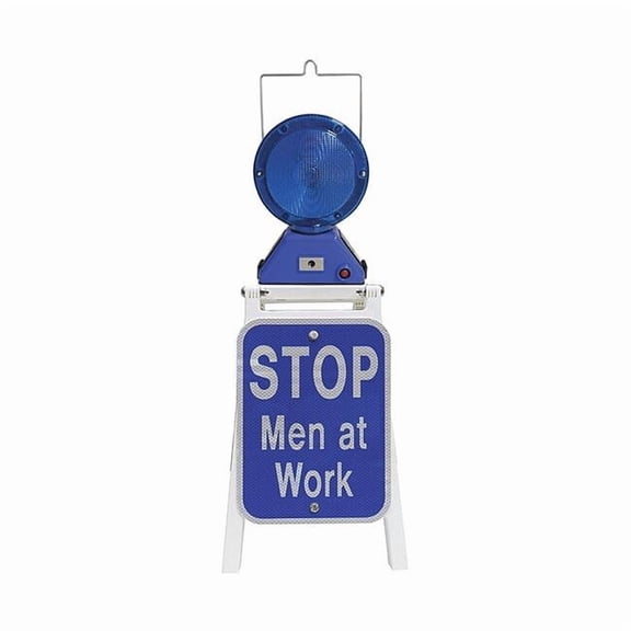LED Stop Sign, Stop Men at Work, White/Blue, 9 in W, 12 in H PS-M900SB-S