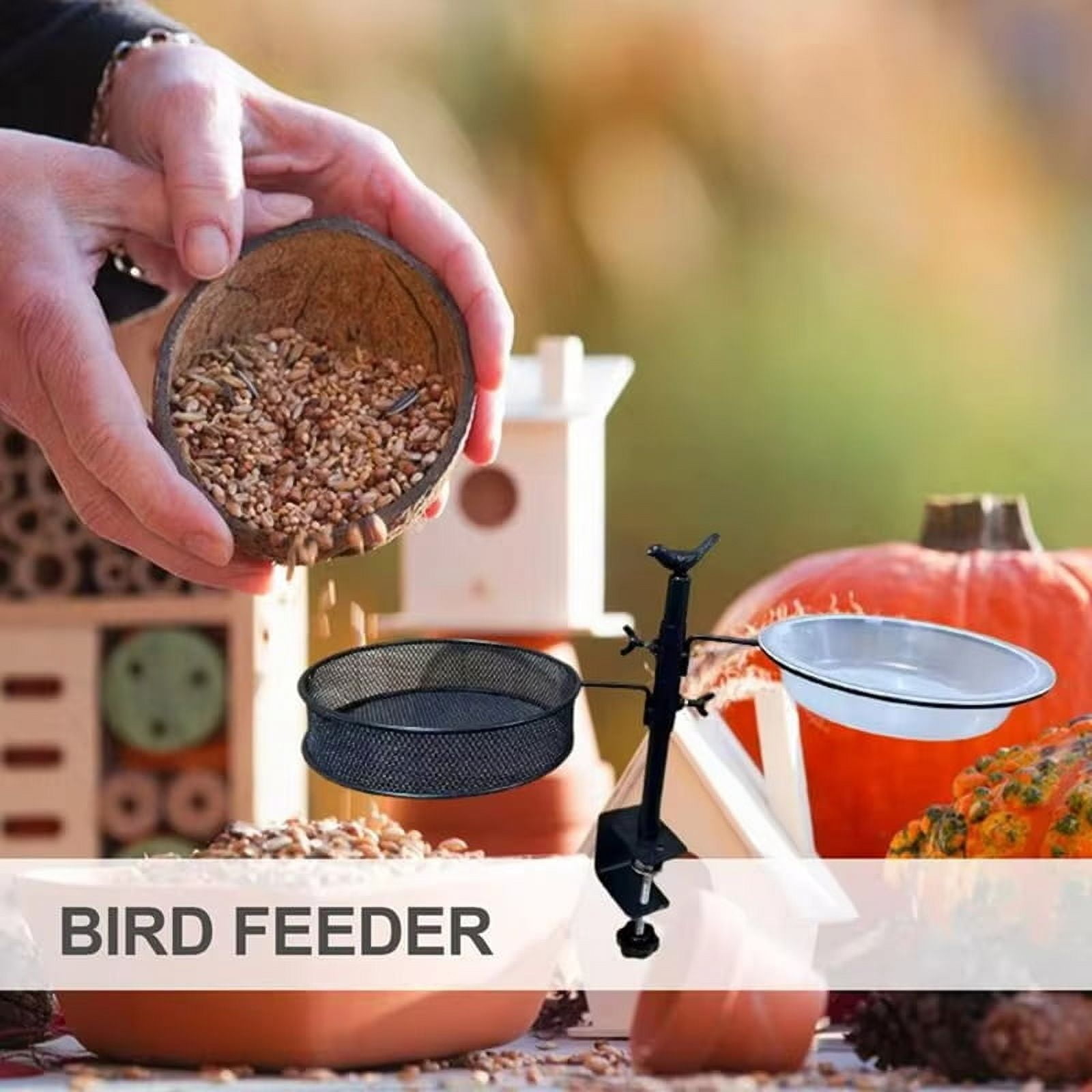 Railing Clamp Bird Feeder Adjustable Height Deck Feeders with Feeding Station Flower Pot Stand 360Degree