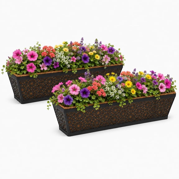 Railing Deck Balcony Planter Window Boxes, 2 Pack 30 Inch Metal Heavy Duty Planter Boxes with Coco Liner for Windowsill Fence Porch Patio Lawn Outdoor