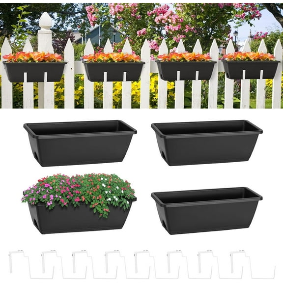 Railing Planter Box 4 Pack Window Boxes Planters with Flower Box Brackets, 17’’ Rectangle Balcony Deck Railing Hanging Planters for Outdoor Fence Garden Patio Plants