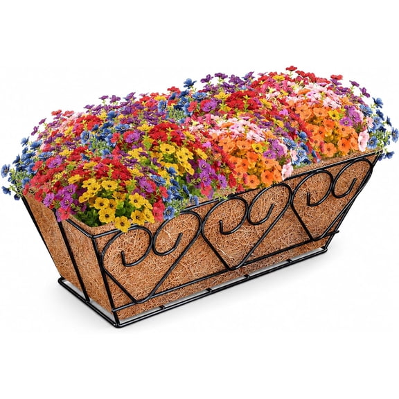 Railing Planter Box with Artificial Flowers, UV Resistant Hanging Fake Flowers with 16 Inch Railing Planter Boxes for Deck Porch Patio Balcony Garden Home Decor