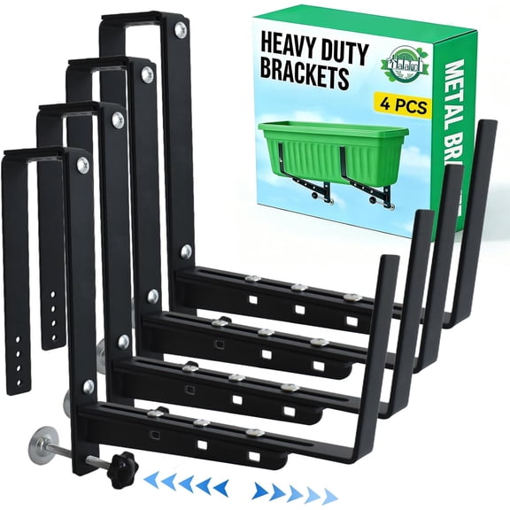 Railing Planter Box Brackets Outdoor, 4 Pack Adjustable Flower Planter Window Box Brackets, Heavy Duty No Drill Window Box Brackets with 66 lb Capacity for Railings Balcony Porch Fence