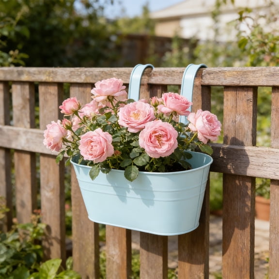 Railing Planter Box, Hanging Flower Pots, Metal Iron Bucket Planter With Drainage Holes for Railing Balcony Garden Home Decoration Flower Holders with Detachable Hooks, Blue