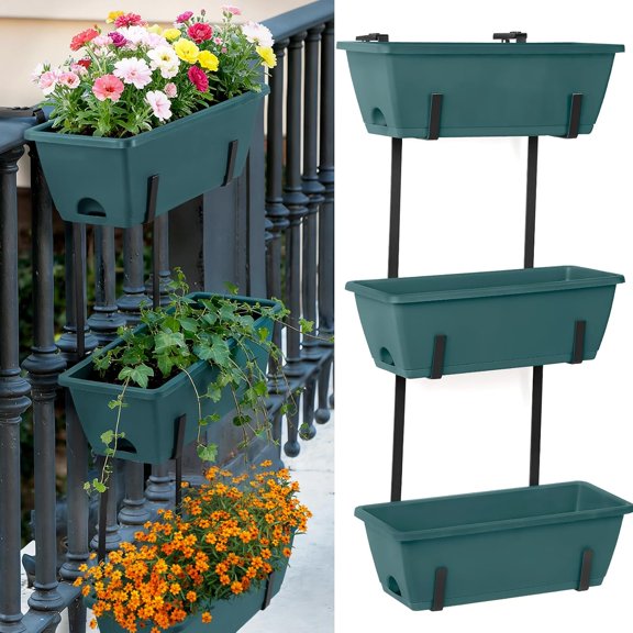 Railing Planter Box Set of 2 Hanging Planters for Fence | Multi-level Railing Planter Boxes, Metal Adjustable Brackets, 6 Plastic Boxes, Drainage Holes, for Deck, Balcony, Green
