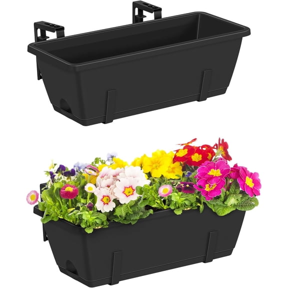 Railing Planter Boxes 2 Pack 17 Inch Window Boxes Black Rectangle Railing Flower Box with Adjustable Bracket Window Deck Hanging Planters Boxes for Outdoor Patio