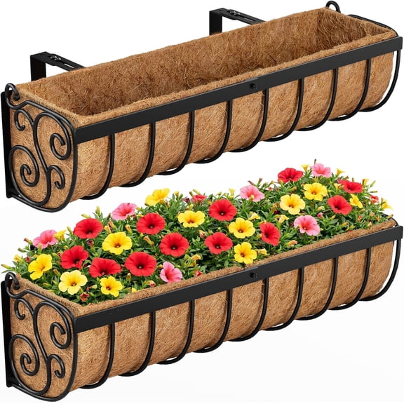 Railing Planter Boxes, 24 Inch Window Boxes Planters, Balcony Planters with Adjustable Brackets & Coco Liner & Support Rod for Outdoor Fence, Deck, Porch, and Patio Gardening, 2 Pack