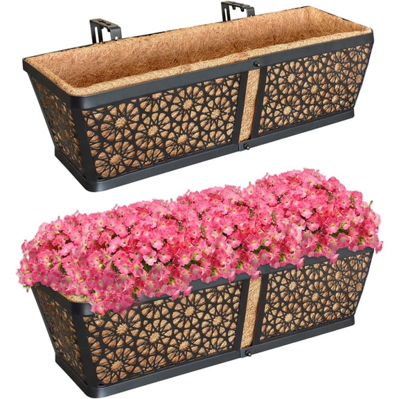 Railing Planter Boxes, 24 Inch Window Flower Box Planters with Coco Liner & Adjustable Brackets for Deck Porch Fence Patio Balcony Gardening Outdoor Plants (2 Pack)