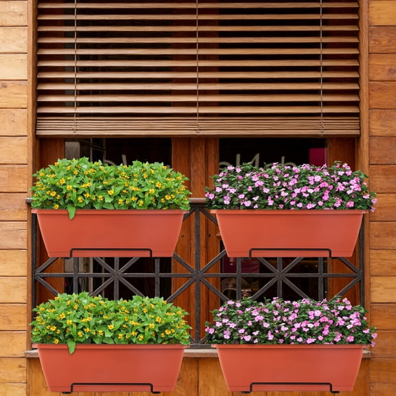 Railing Planter Boxes 4Pack, 16.8 Red Plastic Deck Rail Planters with Drainage Trays for Outdoor Flowers, Herbs & Vegetables Hanging Window Boxes for Porch, Fence, Balcony Decor