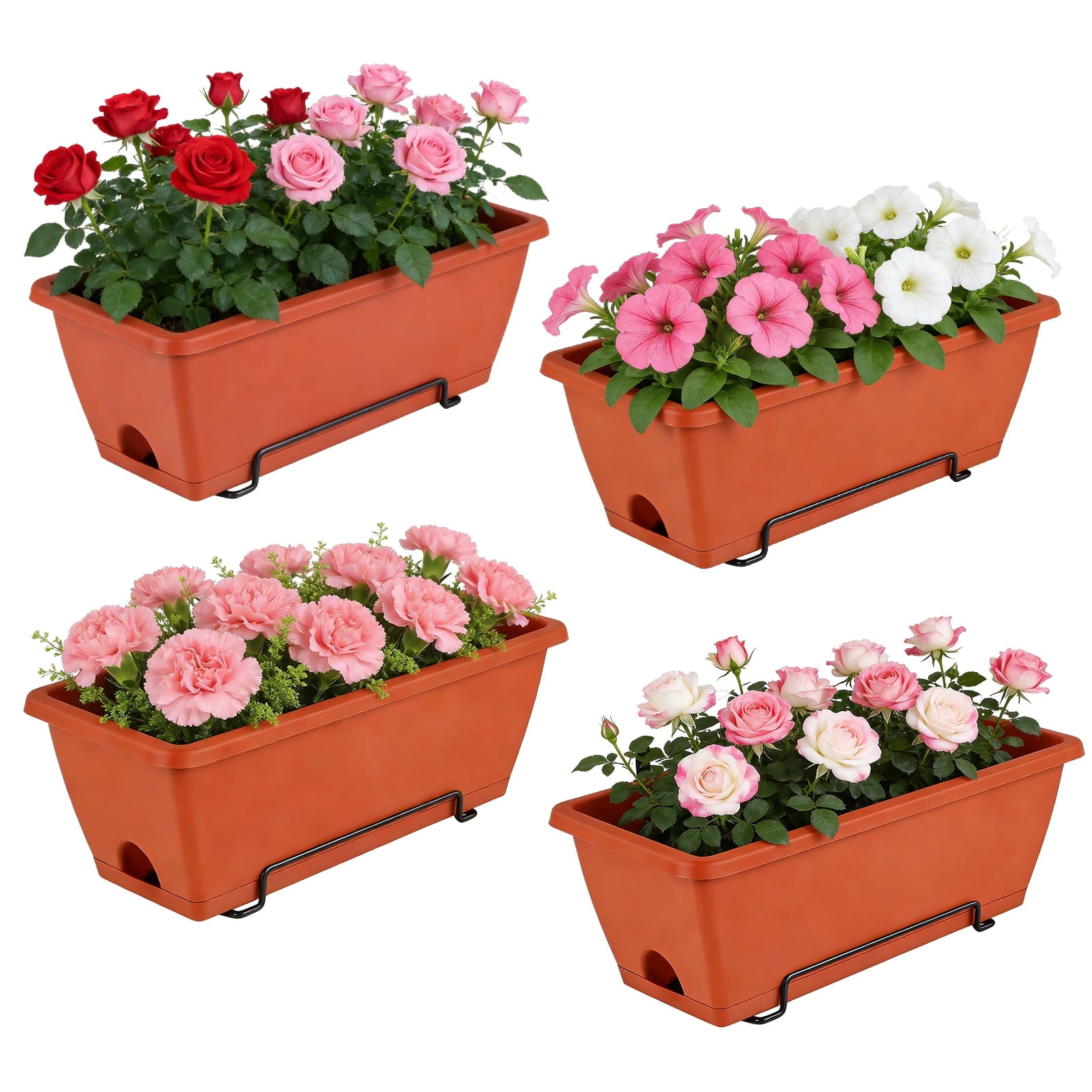 Railing Planter Boxes, Deck Rail Planter for Outdoor Plants, Hanging Railing Window Boxes Planter with Drainage Tray, Window Flower Pots with Brackets, for Over Rail Porch Fence, Balcony & Home Decor
