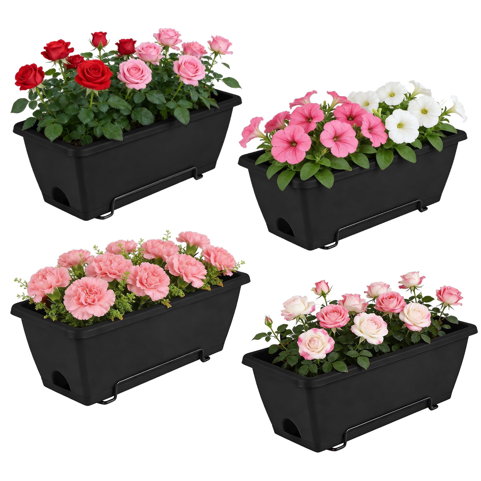Railing Planter Boxes, Deck Rail Planter for Outdoor Plants, Hanging Railing Window Boxes Planter with Drainage Tray, Window Flower Pots with Brackets, for Over Rail Porch Fence, Balcony & Home Decor