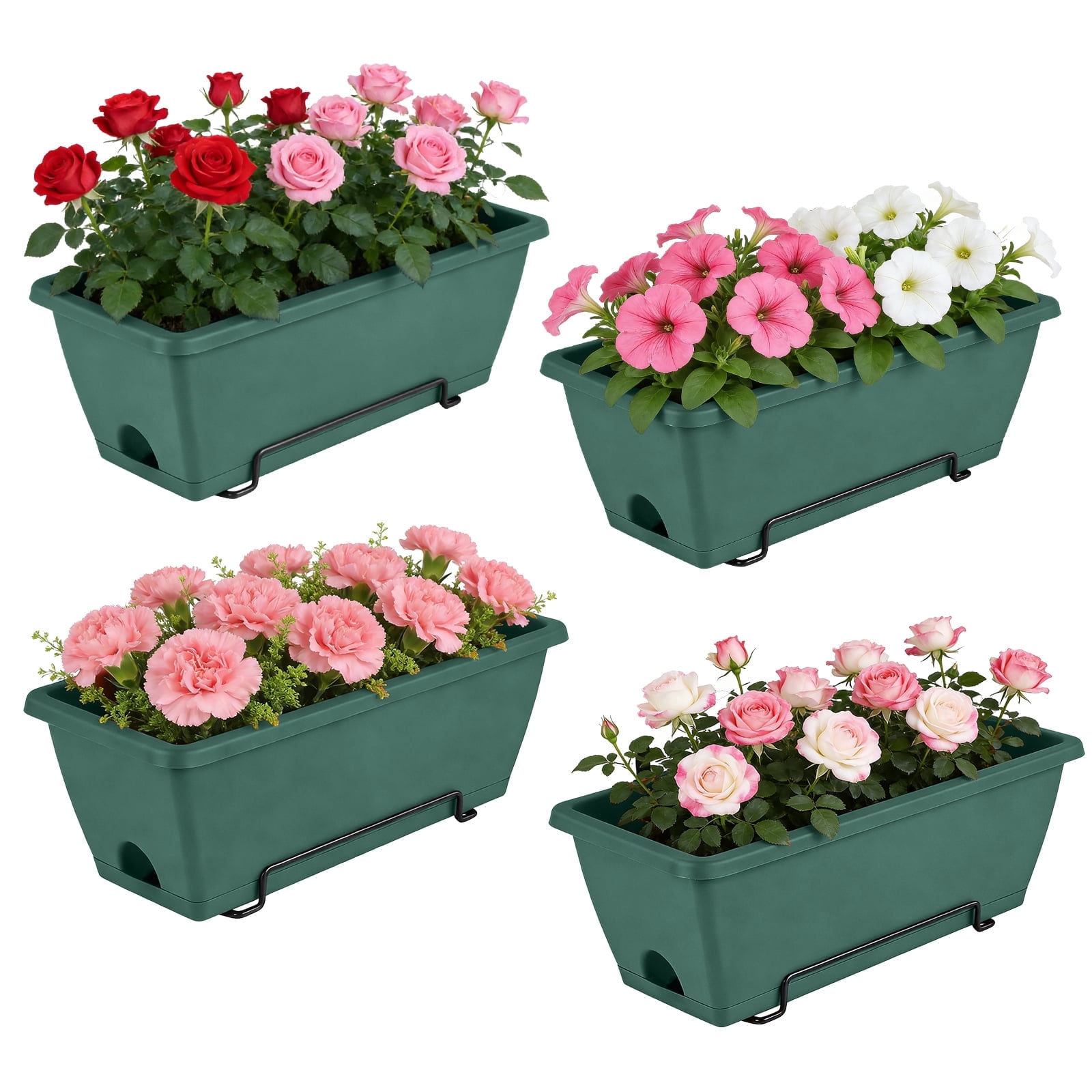 Railing Planter Boxes, Deck Rail Planter for Outdoor Plants, Hanging Railing Window Boxes Planter with Drainage Tray, Window Flower Pots with Brackets, for Over Rail Porch Fence, Balcony & Home Decor