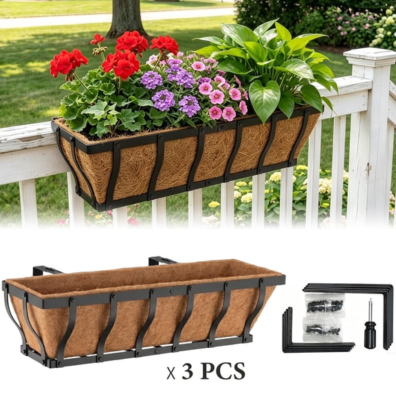 VOXOR Adjustable Metal Railing Planter Box with Coco Liner, 3 pack, 24 inch, Black