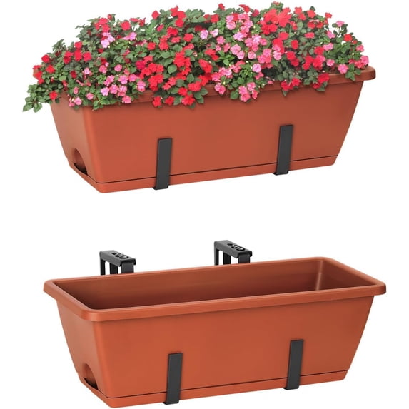 Railing Planter Boxes for Plants, 2 Pack Deck Hanging Planters for Railings, Over Railing Planter Box, 16.9 Inch Balcony Planters Railing Hanging with Metal Brackets, Red$$Garden &