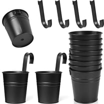 Hanging Flower Pots for Outdoor Indoor,Railing Planter with Removable Hooks,8 Pack Metal Buckets Hanging Plant Pots Wall Fence Home Decor,Drainage Holes -5''Diameter (Black)