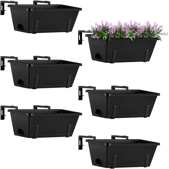 Railing Planter Hanging and Planter Box Brackets Set 6 Pack Adjustable Deck Window Boxes Planters with Drainage Holes for Garden Railing Fence, Black