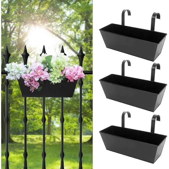 Railing Planters Outdoor Balcony 16 Inch Deck Over The Railing Planter Boxes Hanging Planters for Fence Flower 3 Pcs (Black)