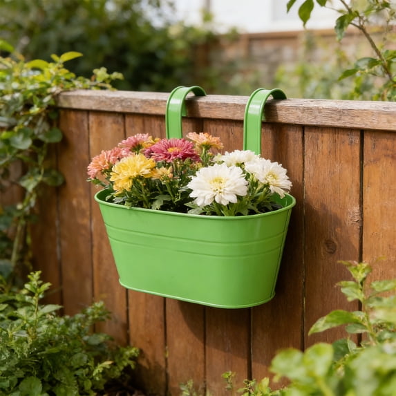 Railing Planters Outdoor, Metal Hanging Flower Bucket, Indoor Patio Fence Planter Box Balcony Garden Wall Decor Rail Deck Decorative