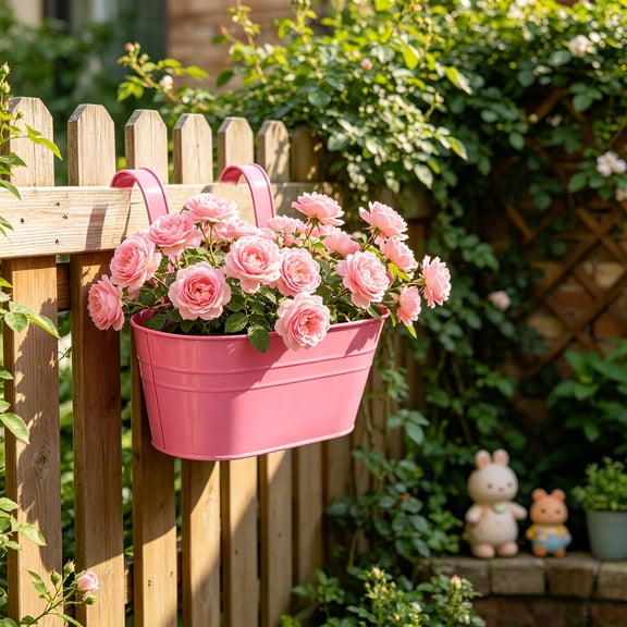 Railing Planters Outdoor, Metal Hanging Flower Bucket, Indoor Patio Fence Planter Box Balcony Garden Wall Decor Rail Deck Decorative