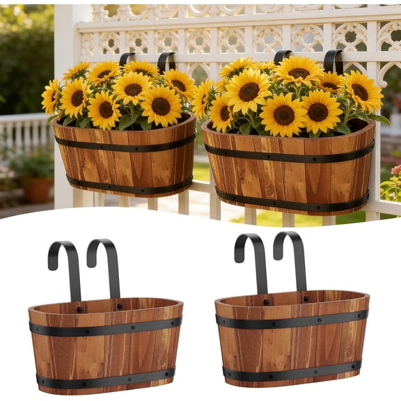 Railing Planters for Outdoor Plants Balcony Hanging Flower Pots with Detachable Hooks, Window Flower Box Hanging Bucket Pots Fence Planters for Garden Home Decor (Brown-2pack, Small)