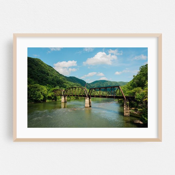 Railroad Bridge, New River 02 - Glen Jean West Virginia Photography Bridge Landscape Nature Scenic Mountain Travel Poster Oak Framed Wall Art Print 5 x 7 inches