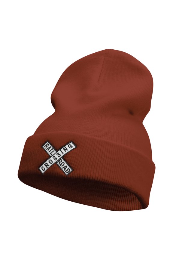 Railroad Crossing Embroidered 12 Inch Long Knitted Beanie - Red OSFM