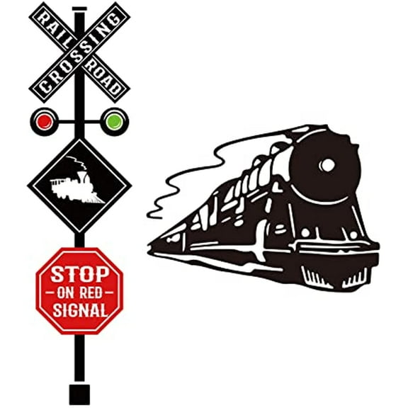 Railroad Crossing Sign Wall Stickers Train Crossing Wall Decal Train Wall Art Wall Stickers Stop on Red Signal Vinyl Wall Decal DIY Art Stickers for Boys Bedroom Playroom Nursery Decor