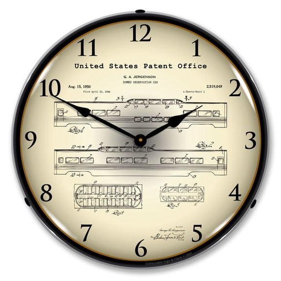Railroad Domed Observation Train Car 1946 Patent LED Lighted Premium Wall Clock