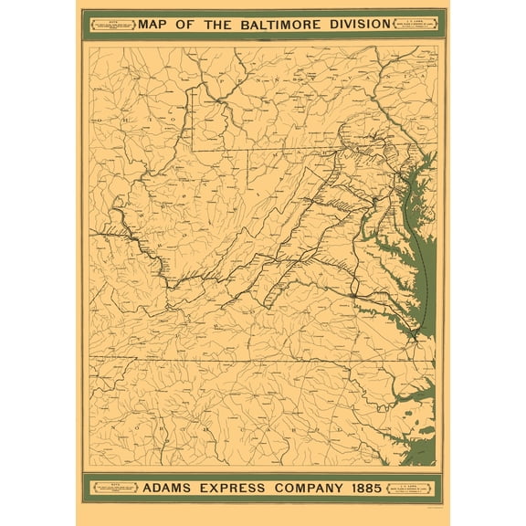 Railroad Map - Adams Express Co Baltimore Division - Lang 1885 - 23 x 32 - Vintage Wall Art