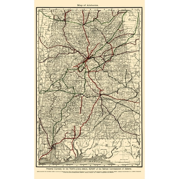 Railroad Map - Alabama Railroads - Rand McNally 1888 - 23 x 37.15 - Vintage Wall Art
