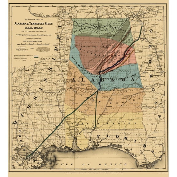 Railroad Map - Alabama and Tennessee River Railroad - Colton 1865 - 23 x 25 - Vintage Wall Art