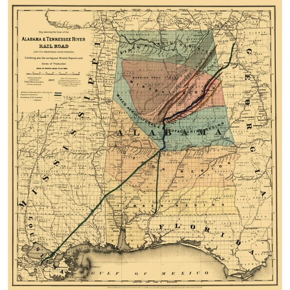 Railroad Map - Alabama and Tennessee River Railroad - Colton 1867 - 23 x 24.34 - Vintage Wall Art