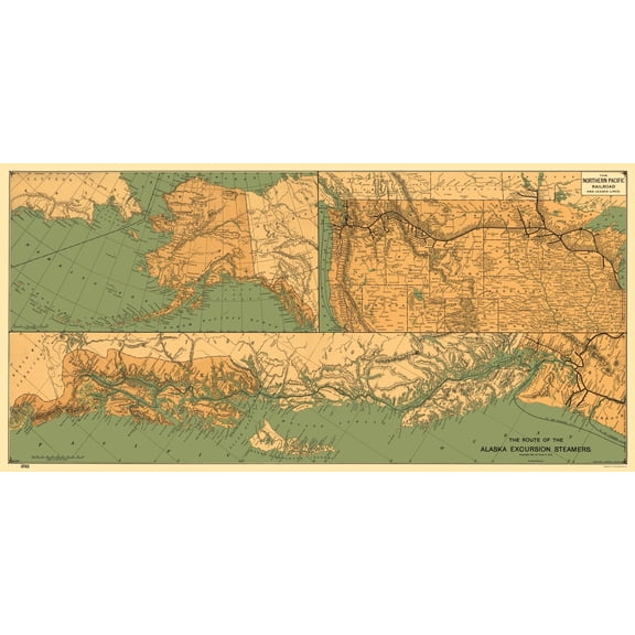 Railroad Map - Alaska Excursion Steamers Northern Pacific - Poole 1891 - 23 x 47 - Vintage Wall Art