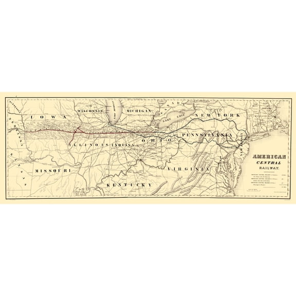 Railroad Map - American Central Railway - Bien 1886 - 23 x 60.70 - Vintage Wall Art