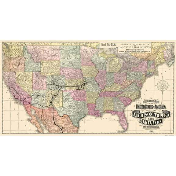 Railroad Map - Atchison Topeka and Santa Fe Railroad - Rand McNally 1881 - 42.31 x 23 - Vintage Wall Art