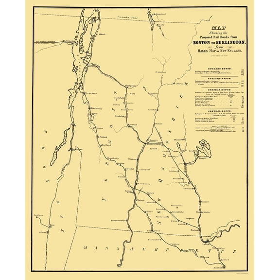 Railroad Map - Boston Burlington Proposed Railroad - Bufford 1844 - 23 x 28 - Vintage Wall Art
