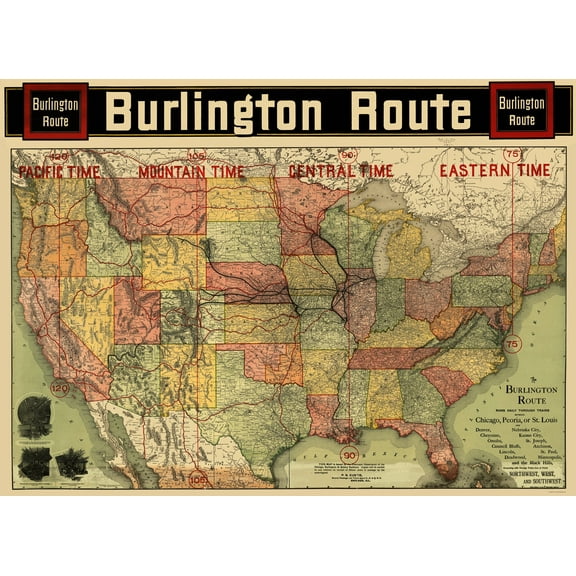 Railroad Map - Burlington Railroad Route - Rand McNally 1892 - 23 x 31.71 - Vintage Wall Art