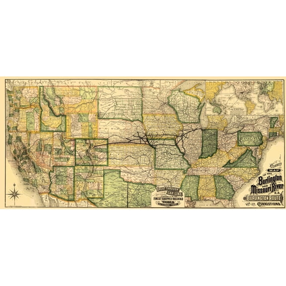Railroad Map - Burlington and Missouri River Railroad 1882 - 23 x 49 - Vintage Wall Art